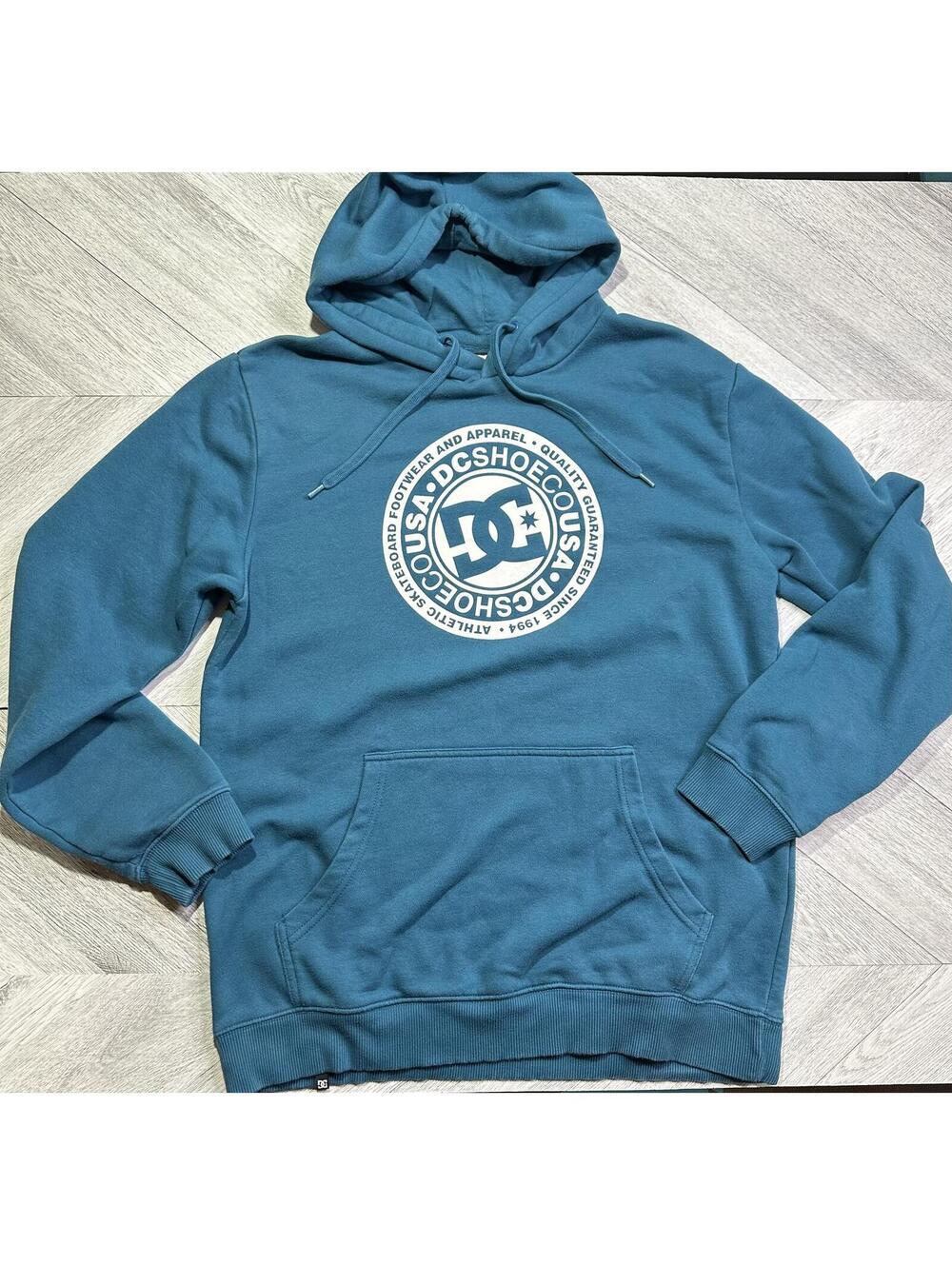 DC Long Sleeve Hoodie Sweatshirt DC Graphic Logo Teal Blue Size L